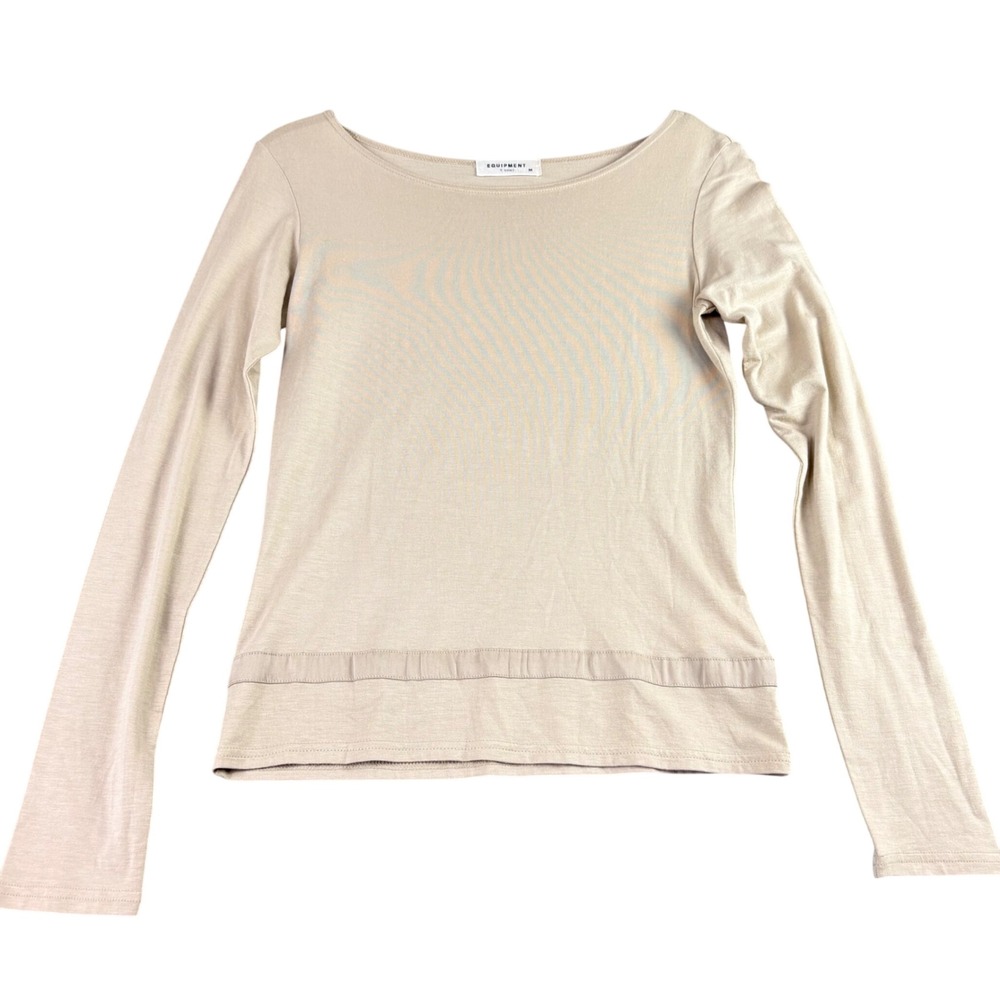 Equipment Womens M Tan Long Sleeve T-Shirt Boat Neck Tonal‎ Band Minimalist Chic